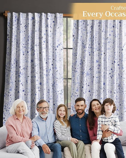 Maison d' Hermine Curtains for Living Room 100% Cotton 124 inch Length One Panel Light Filtering Curtains for Bedroom Windows with Rod and Loop Pockets Drapes (Summer Blues, 50" W x 124" L)