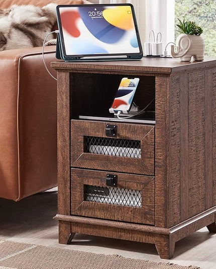 Nightstand with Charging Station,OKD 18'' Industrial & Farmhouse End Table with 2 Drawers &Open Cubby, Rustic Mesh Drawer Sofa Side Table w/Storage for Bedroom, Living Room, Office, Reclaimed Barnwood