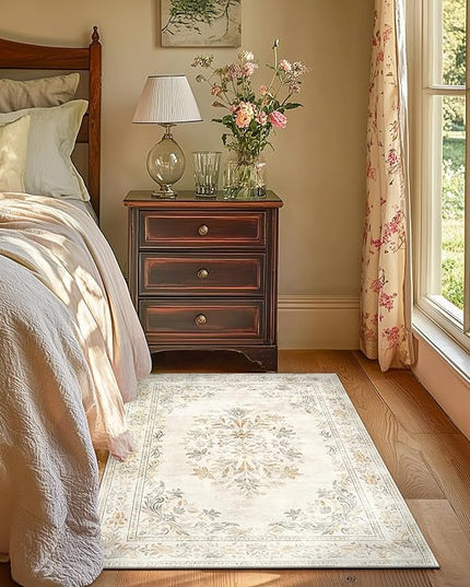 jinchan Vintage Floral 3x5 Area Rugs for Entryway - Machine Washable Distressed Design Ultra-Thin Low-Pile Soft Non-Shedding Carpet for Kitchen Bedroom Entrance Laundry Living Room (3x5ft, Light Grey)