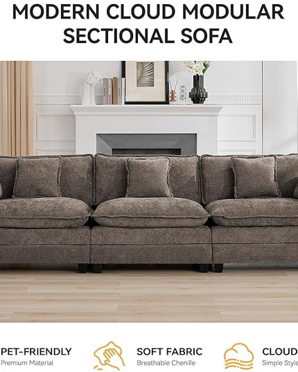 111'' Sectional Cloud Deep Seat Couch, Modern Comfy Chenille Modular Sectional Sofa for Living Room Set, Upholstered Modular 3-Seats Sofa Couch, Brown