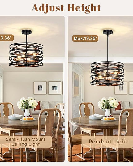 Farmhouse Chandelier,15" Drum Semi Flush Mount Chandelier Rustic Wood Grain Black Farmhouse Chandeliers for Dining Room Retro Metal Entryway Light Fixture Pendant Light for Foyer Kitchen Bedroom
