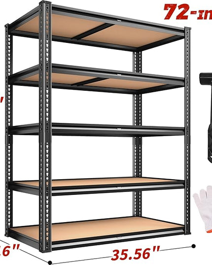 2050LBS Storage Shelves Heavy Duty 5 Tier Garage Storage Shelving, Adjustable Metal Shelving Unit Utility Rack Shelf for Warehouse, Pantry, Closet, 72" H x 35.56" W x 16" D, Black.2PCS