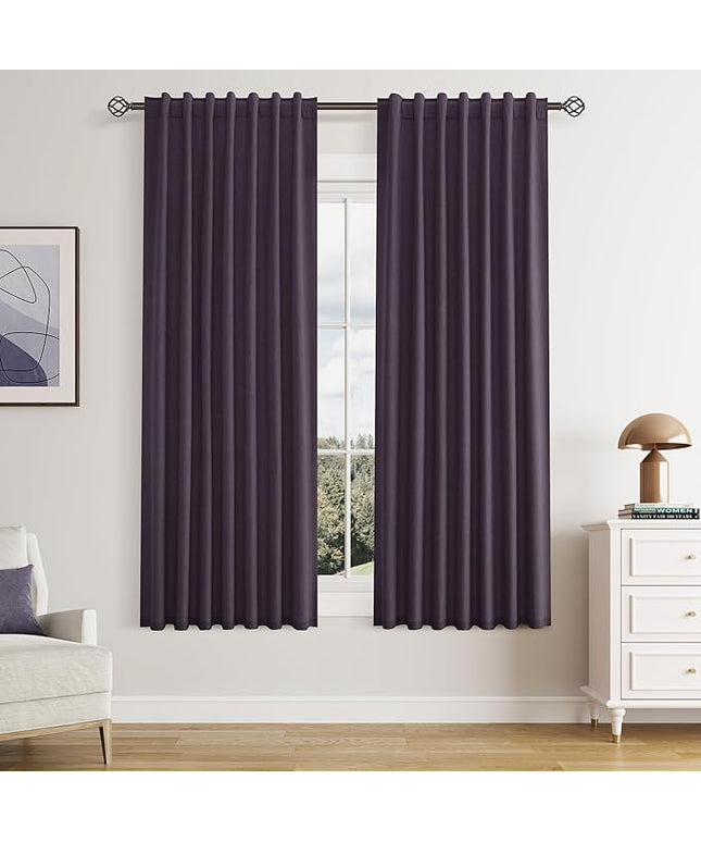 Guken Blackout Curtains 63 Inch Length 2 Panels Set for Living Room Bedroom Back Tab Thermal Insulated 100% Black Out Linen Drapes Room Darkening Window Curtains 63 Inches Long,Plum