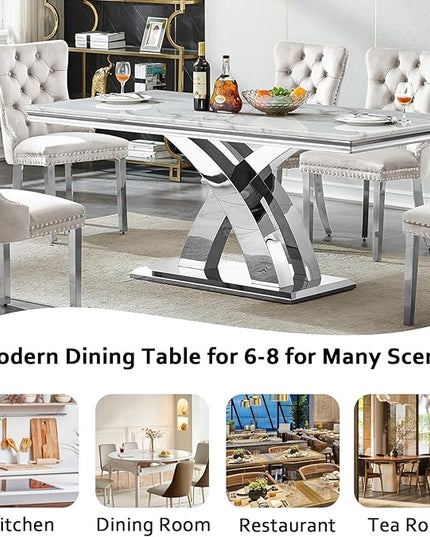 68" Faux Marble White Dining Table for 6-8, Modern Dining Room Table with 0.71" Marble Printing MDF Top and X-Shaped Silver Stainless Steel Base, Rectangle Kitchen Dinner Table