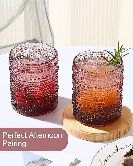 Vintage Glassware Drinking Glasses Set of 6,12 oz Hobnail Glass Cups,Embossed Purple Water Tumbler,for Beer,Cocktail,Whiskey,Juice and Various Mixed Drinks- 1 Cleaning Brush