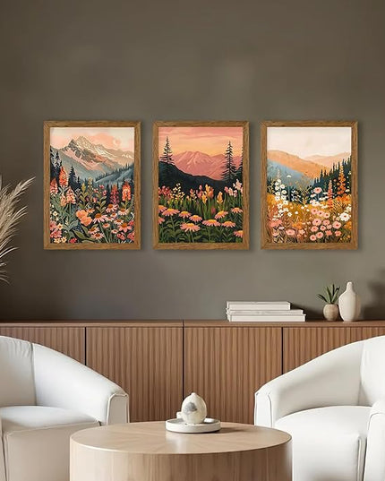 InspiredHues Colorful Landscape Boho Canvas Wall Art Set, 3 Piece Wildflower Mountain Wall Decor, Vintage Floral Rustic Nature Artwork Prints for Living Room Bedroom Office 12x16 Inch Wood Framed