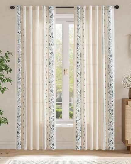 jinchan Winslow Linen Curtains for Bedroom 90 Inches Length Embroidered Bordered Floral Curtains for Living Room Farmhouse Decor Light Filtering Window Treatments Blue on Beige Drapes 2 Panels