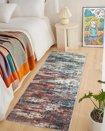 Washable Runner Rug 2x6 Modern Abstract Kitchen Rugs, Non Slip Bathroom Rug, Low Pile Laundry Room Soft Long Carpet for Hallway Bedroom Entryway, Red Multi