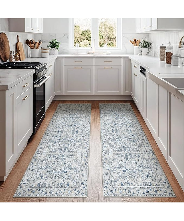 jinchan Lima Kitchen Runner Rug 3x8-2pcs, Bohemian Hallway Washable Rug Floral Non Slip with Rubber Backing Vintage Carpet Runner for Bedroom Bathroom Laundry Room Living Room Decor Blue