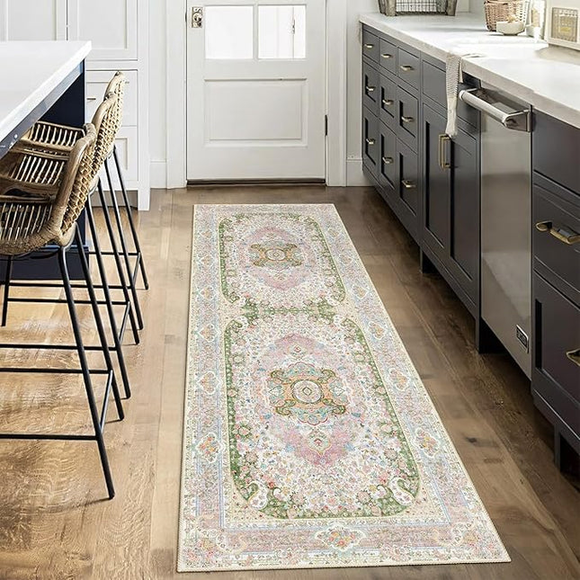 Washable Runner Rug 2x6,Pink Rug Runners Non Slip,Long Boho Rugs for Hallways Kitchen Bedroom Entryway Living Room Bathroom,Vintage Bohemian Distressed Floor Carpet,Blush Green