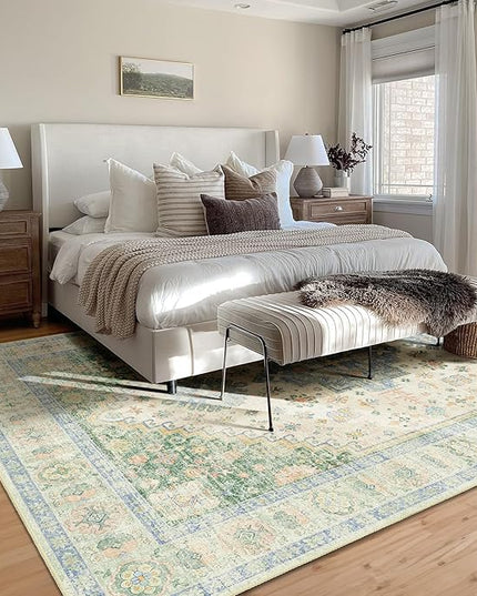 MUJOO 9x12 Area Rug,Washable Rugs for Living Room Bedroom Dining Room,Boho Large Non Slip Throw Carpet Indoor,Low Pile Light Green and Blue