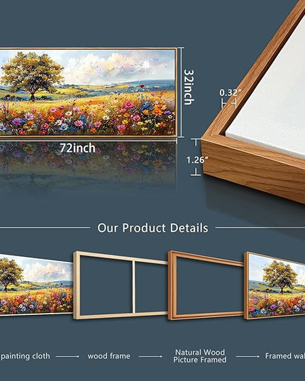hyidecorart Farmhouse Wall Art For Living Room Pictures For Bedroom Wall Decor Natural Scenery Wall Painting Office Artwork Colorful Flowers And Trees Canvas Prints Hanging Decor Wood Framed 72x32