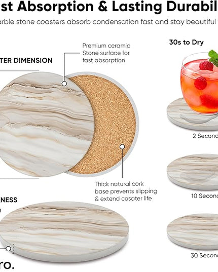 VEYRO Coasters Set of 6 for Drinks – Absorbent Ceramic Stone Drink Coasters with Cork Backing for Coffee Table & Desk, Modern Marble Look Cup Coaster Set, Housewarming Gift for New Home