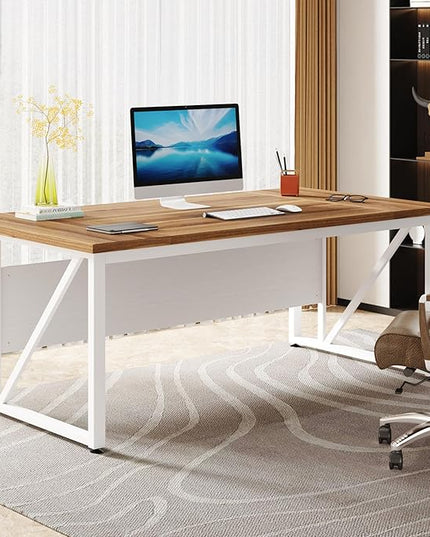 Tribesigns 63 inches Computer Desk with Bottom Storage Shelf Home Office Desk Writing Table for Workstation,Dark Walnut + Steel Leg， Cabinet not Included (Beige, 63-inch)