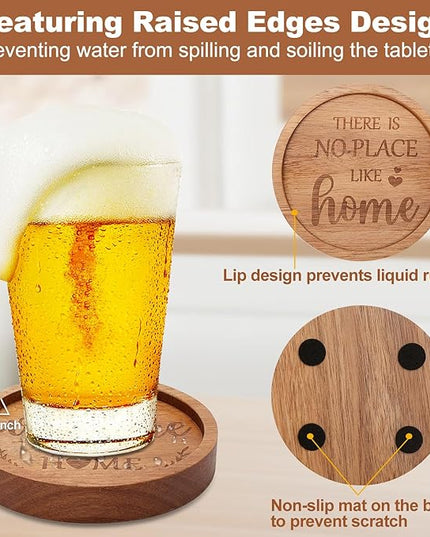 Best House Warming Gifts Acacia Wooden Coasters for Drinks Coffee Table Coaster Set of 6 Pack Farmhouse Decorations Family New Home Housewarming Decor Cute Cup Wood Coasters with Holder