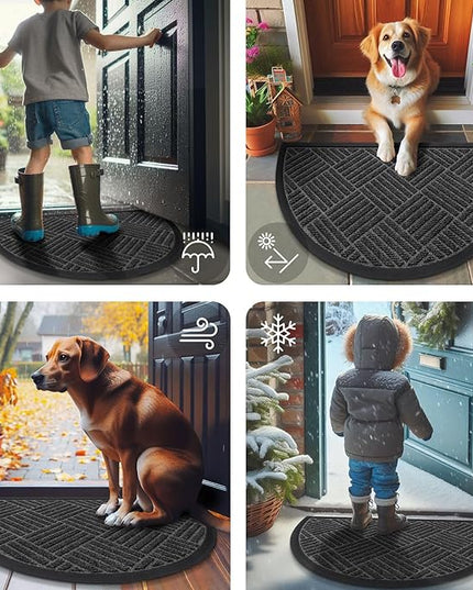 Smiry Half Circle Front Door Mat Outside Entrance, Heavy Duty Outdoor Indoor Natural Rubber Doormat, Non Slip, Trap Dirt and Moisture, Easy Clean, Low Profile Patio Porch Entryway Mat, 29.5x17, Black