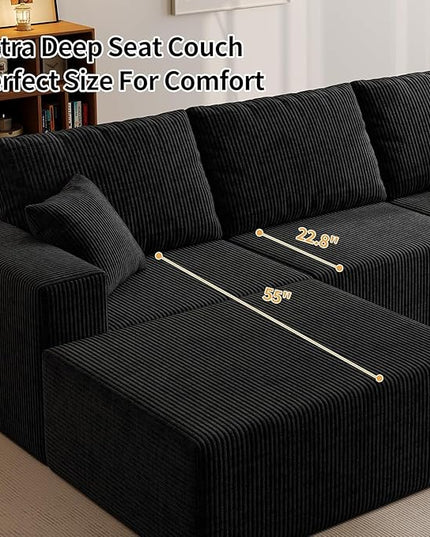 110" Boneless Cloud Sectional Couch for Living Room, Compressed Modular L-Shaped Sofa with Deep Seat, Frameless Corduroy Couch in Boxes, No Assembly Required 3-Seater (Left-Facing Chaise, Black)