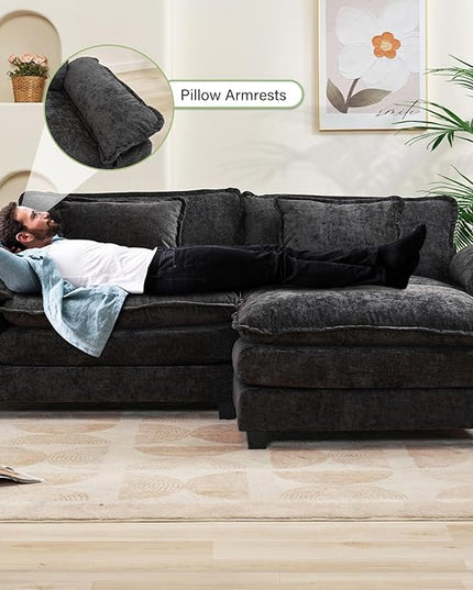 86" Modular Sectional Sofa, Comfy Cloud Couch Sectional Sofa with Ottoman, Chenille Sofa Sleeper Deep Seat Sofa with Throw Pillows for Living Room (Black, 86"- L Shape)