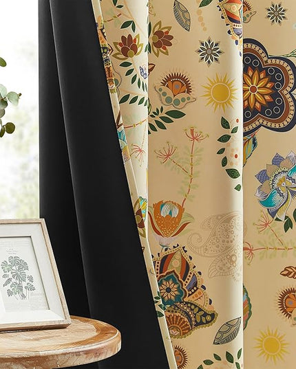 XiDi Beige Vintage Floral Curtains Boho Blackout Curtains Patterned 96 Inches Long 2 Panels for Bedroom Living Room Thermal Insulated Grommet Luxury Colorful Botanical Flower Leaf Printed Drapes 52x96
