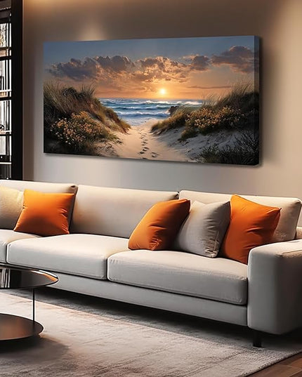 Sunset Canvas Wall Art Brown Wall Decor Seascape Art Print Landscape Wall Decorations Large Blue Picture 24" x 48" Coastal Artwork for Living Room Bedroom Office
