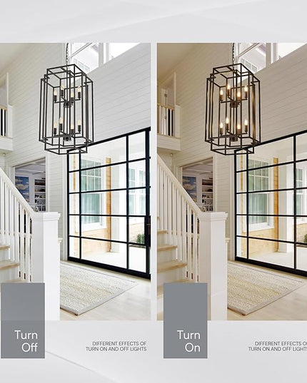 8-Light Lantern Tiered Pendant Light Fixtures, Black Metal Farmhouse Chandelier Hall Foyer Hanging Chandelier for Kitchen Island Dining Room Living Room Foyer Entryway, Black
