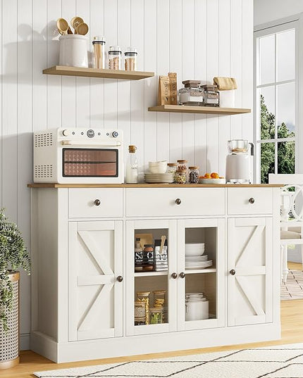 4 EVER WINNER 55" Buffet Cabinet with Storage, Farmhouse Coffee Bar Cabinet with Glass Doors and Drawers, Sideboard Cabinets with Adjustable Shelves for Living Room, Kitchen, White