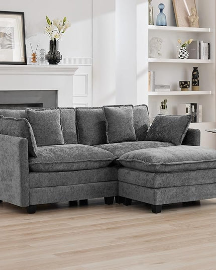 76'' Cloud Deep Seat Loveseat Sofa, Upholstered Chenille Modular 2-Seats Sectional Sofa Couch with Movable Ottoman, Modern Comfy Settee Loveseat for Living Room Set, Small Apartment, Grey