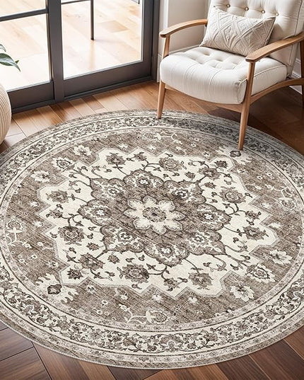 Washable Oriental Area Rug - 4ft Round Rugs for Living Room Soft Carpet for Bedroom Waterproof Floral Distressed Indoor Stain Resistant Non-Shedding Floor Carpets (Beige, 4ft-Round)