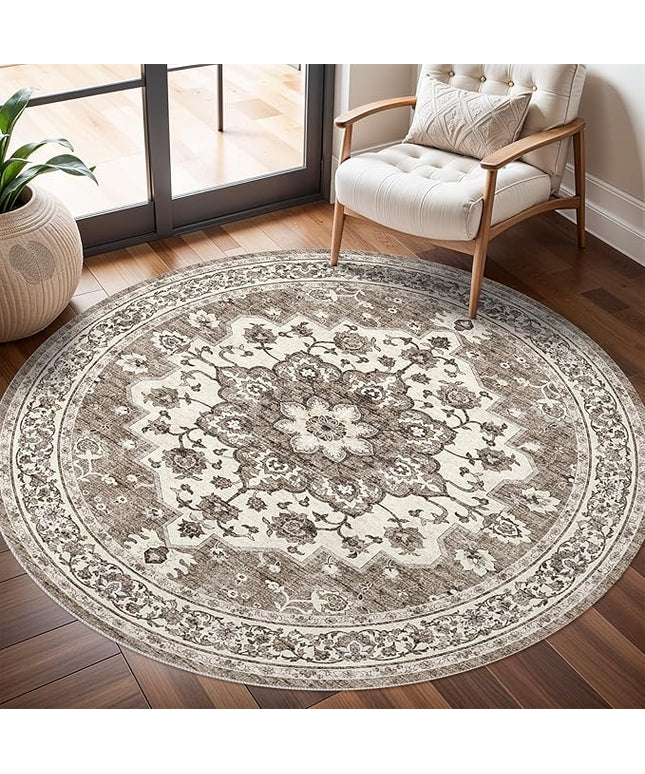Washable Oriental Area Rug - 4ft Round Rugs for Living Room Soft Carpet for Bedroom Waterproof Floral Distressed Indoor Stain Resistant Non-Shedding Floor Carpets (Beige, 4ft-Round)