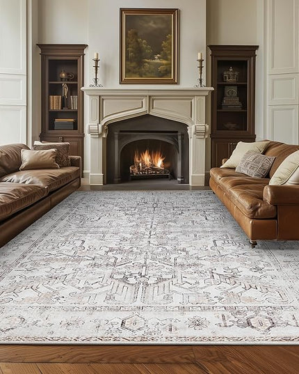 jinchan Lima 6x9 Machine Washable Area Rugs for Living Room - Vintage Floral Stain Resistant Low Pile Ultra-Thin Non Slip Accent Rug for Bedroom Kitchen Dining Room Home Office (6x9ft, Taupe)
