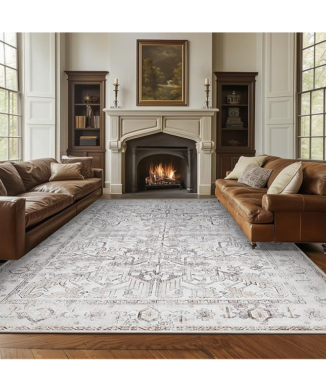 jinchan Lima 6x9 Machine Washable Area Rugs for Living Room - Vintage Floral Stain Resistant Low Pile Ultra-Thin Non Slip Accent Rug for Bedroom Kitchen Dining Room Home Office (6x9ft, Taupe)
