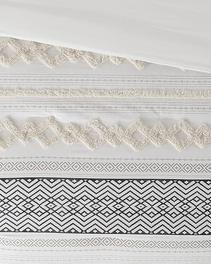 Hyde Lane Farmhouse Bedding Comforter Sets, Ivory Full/Queen Size Boho Bed Set,Cotton Top with Modern Neutral Style Clipped Jacquard Stripes, 3-Pieces Including Pillow Shams (90x90 Inches)