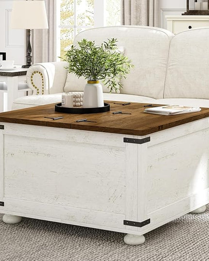 Farmhouse Coffee Table with Storage, White Square Center Table with Hidden Storage Organizer for Living Room, Center Table with Hinged Flip-Top Lids