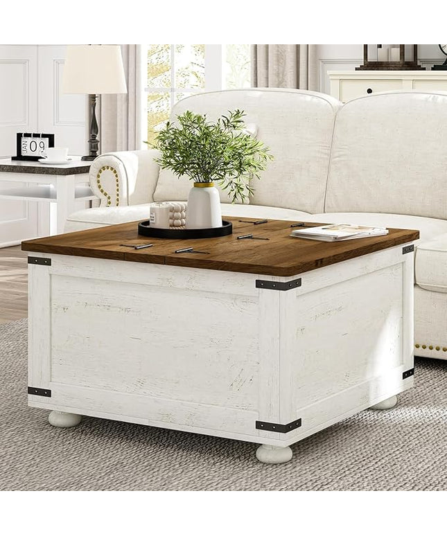 Farmhouse Coffee Table with Storage, White Square Center Table with Hidden Storage Organizer for Living Room, Center Table with Hinged Flip-Top Lids