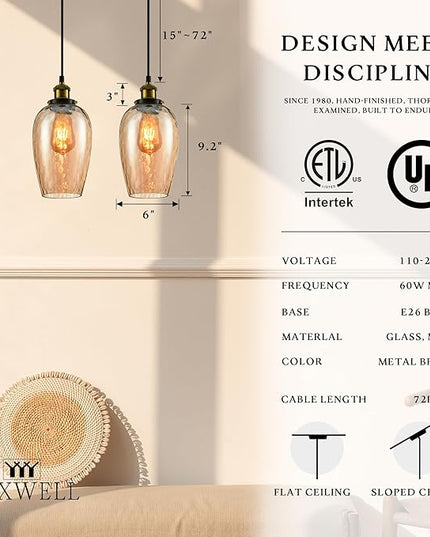 Modern Glass Pendant Light, 6"x9.2" Amber Ribbed Oval Light Fixture with Gold Cap, 15"-72" Adjustable Cord, E26 Socket for Kitchen or Hallway – Sunrise Glow Oval