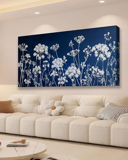 HUADAOART Large Wall Art Navy Blue and White Dandelion Modern Floral Print 24 x 48 inch Canvas Artwork Home Decor Living Room Bedroom Office Decor Ready To Hang