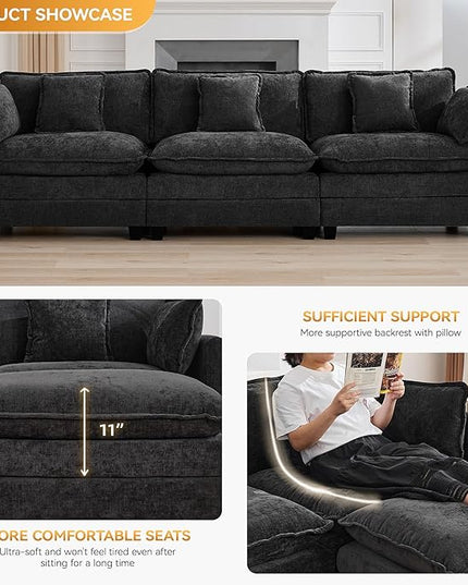 111'' Sectional Cloud Deep Seat Couch, Modern Comfy Chenille Modular Sectional Sofa for Living Room Set, Upholstered Modular 3-Seats Sofa Couch, Dark Grey