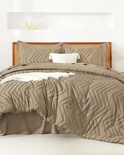Litanika Oversized Queen Size Comforter Set with Sheets Taupe - 7 Pieces Bed in a Bag Oversized Queen Boho Tufted Complete Bedding Sets with Comforter, Sheets, Pillowcases & Shams