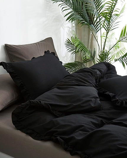 CLOTHKNOW Black Ruffles Twin/Twin XL Comforter Set 3Pcs Farmhouse Bedding Comforter Sets Shabby Chic Boho Comforter with 2 x Pillow Cases