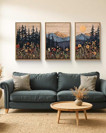 Houria Mid Century Woodland Mountain Framed Canvas Wall Art Set,Vintage Natural Sunset Wildflower Forest Field Decor,Wilderness Boho Floral Pine Tree Landscape Artwork for Living Room,Office-24"x36"x3