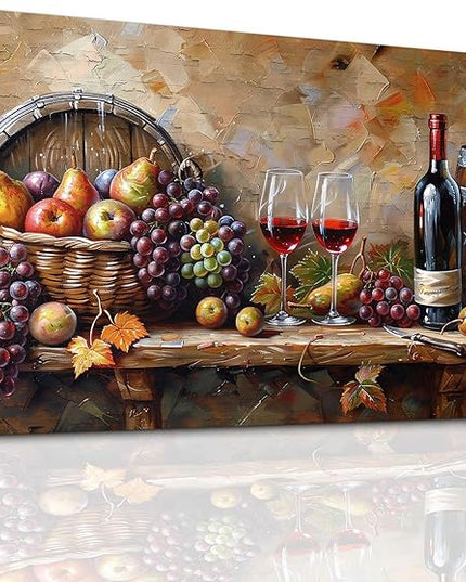 XIGUANGART Kitchen Wall Art Grape Barrel Painting Red Wine Glass Fruit Artwork Prints for Dinning Room Bar Canvas Wall Decor for Living Room Food Still Life Abstract Picture Home Decoration 20x40IN