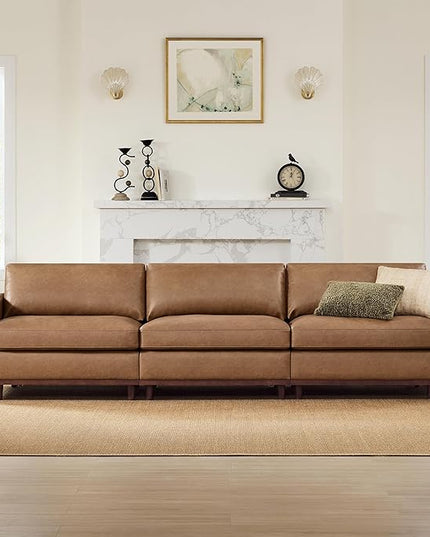 CHITA 118" Super Large Luxury 3 Seat Sectional Modular Sofa, FSC Certified Down Filled Modern Sofa, Deep Seat Comfty Cloud Couch, 3 Seat Couch, Solid Wood Leg, Faux Leather in Camel
