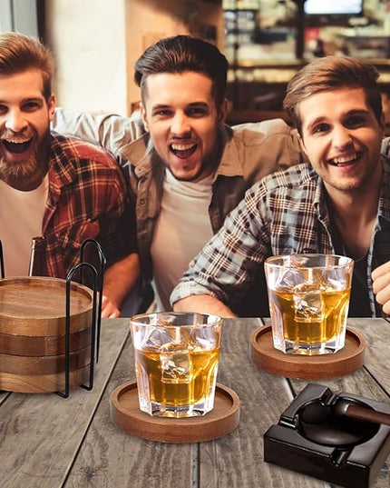 6 Pcs Best Wooden Coasters with Holder Coffee Table Decor Acacia Wood Coaster Set Modern Cup Coaster for Drink Home Dining Table Kitchen Accessories Cute Beer Bar Decorative Rustic Outdoor Coasters