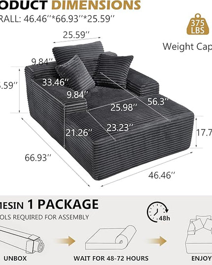 67" Boneless Chaise Lounge Chair,Indoor Corduroy Oversized Sleeper Sofa w/9.9'' Wide Armrest & 3 Soft Pillows, Convertible Boneless Sofa Bed - 2-in-1 Chair & Ottoman for Reading, Living Room,Grey