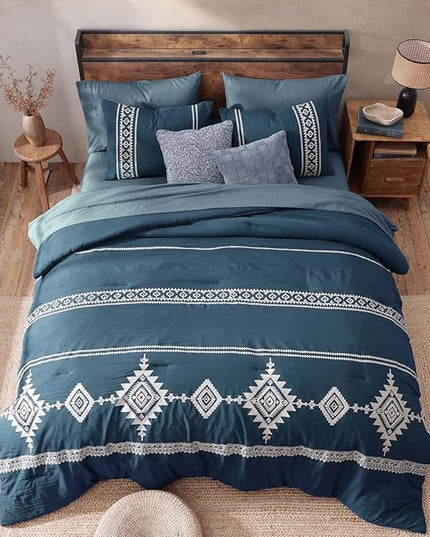 MaiRêve Embroidery King Size Comforter Set Navy Blue, Boho Farmhouse Western Bedding Set 7 Pieces, All Season Bed in A Bag Comforter Set with Sheets, Pillowcases & Shams