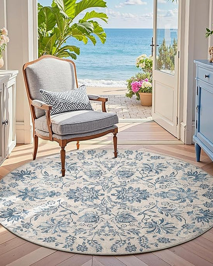 jinchan Torino Classic Floral Round Rug 5ft, Vintage-Inspired Design 5’Circle Rug, Machine Washable Ultra-Thin Low-Pile Non-Slip Indoor Carpet for Bedroom Dining Room Living Room Entryway, Dark Blue