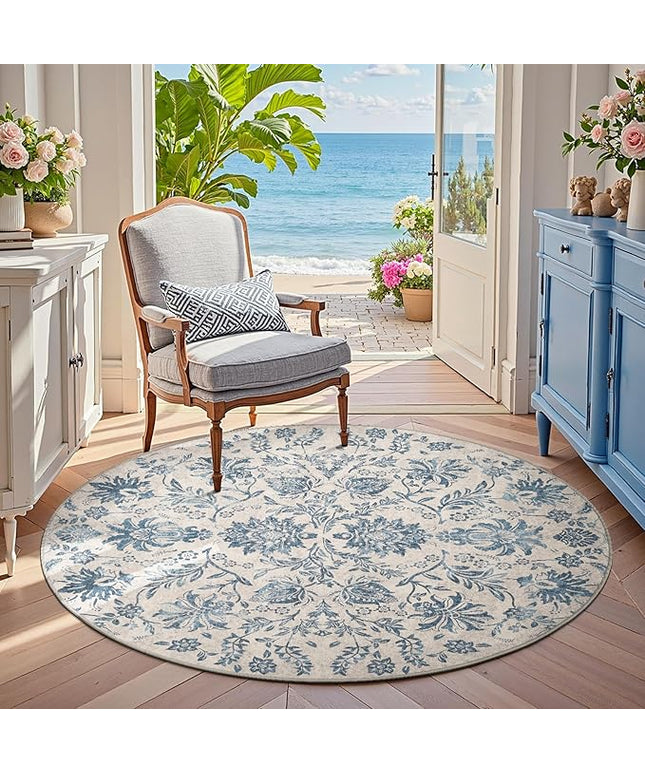 jinchan Torino Classic Floral Round Rug 5ft, Vintage-Inspired Design 5’Circle Rug, Machine Washable Ultra-Thin Low-Pile Non-Slip Indoor Carpet for Bedroom Dining Room Living Room Entryway, Dark Blue