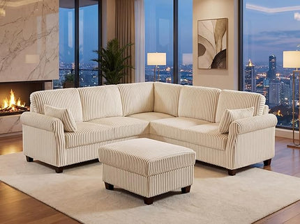 Modular Sectional Sofa Couch, L-Shape Corduroy Couches 6 Seat with Storage Ottoman, Modern Corner Sofa Memory Foam Sectional Cloud Couches for Living Room, Bedroom, Apartment, Office (Beige)