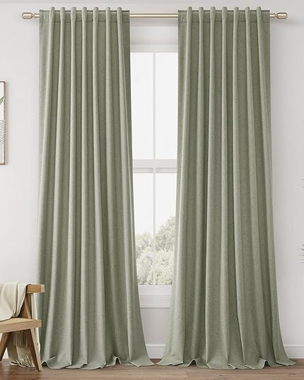Sage Green Linen Blackout Curtains 120 Inch Length 2 Panels Set for Living Room Bedroom Back Tab Thermal Insulated 100% Black Out Linen Drapes Room Darkening Window Curtains 120 Inches Long