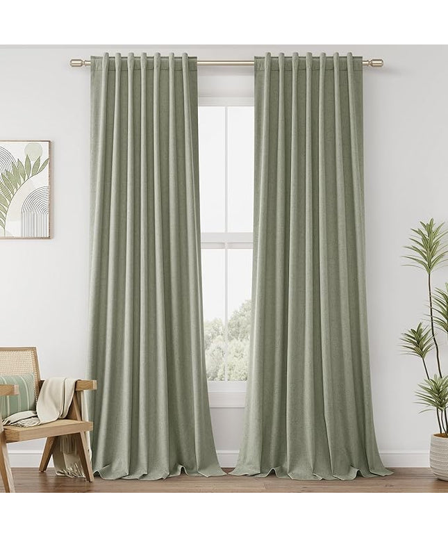 Sage Green Linen Blackout Curtains 86 Inch Length 2 Panels Set for Living Room Bedroom Back Tab Thermal Insulated 100% Black Out Linen Drapes Room Darkening Window Curtains 86 Inches Long